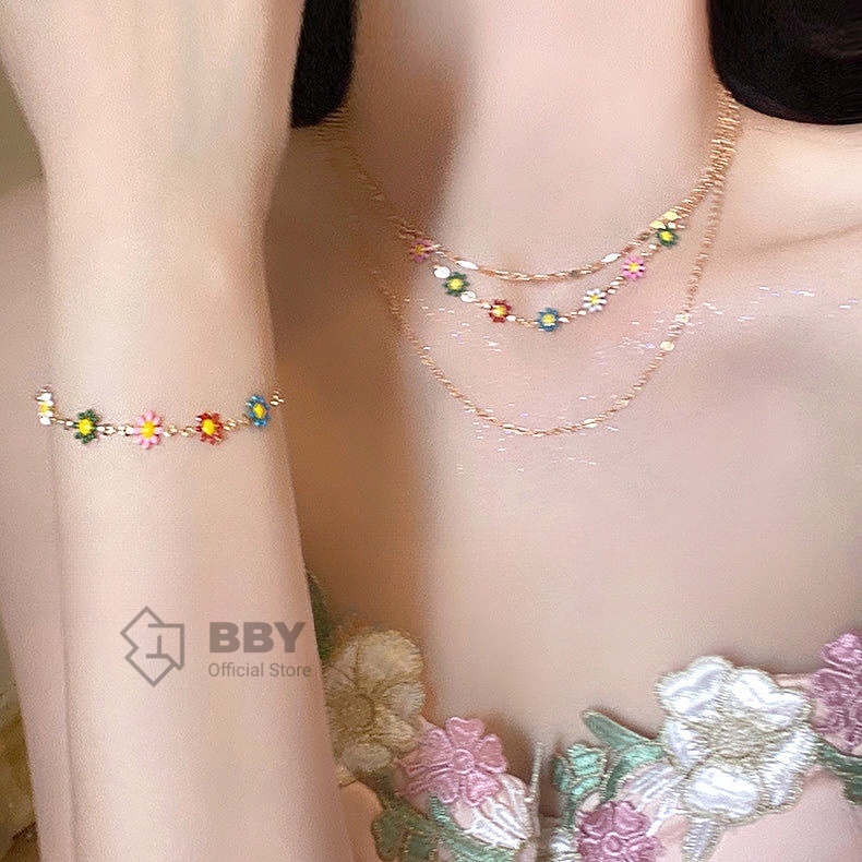 BBY สร้อยคอสั้น ดอกเดซี่สีรุ้ง สไตล์เกาหลี ไทเทเนียม ไม่แพ้ ไม่หมอง ถ่ายรูปสวย S114-S115