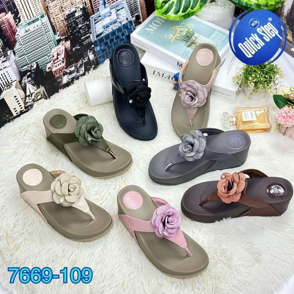 แบรนด์ควิกเสต้ปแท้ New Style Fitflop (IR 7669-109) พื้นสุขภาพ วัสดุหนังนิ่มแต่งหน้าดอกคามิเลีย