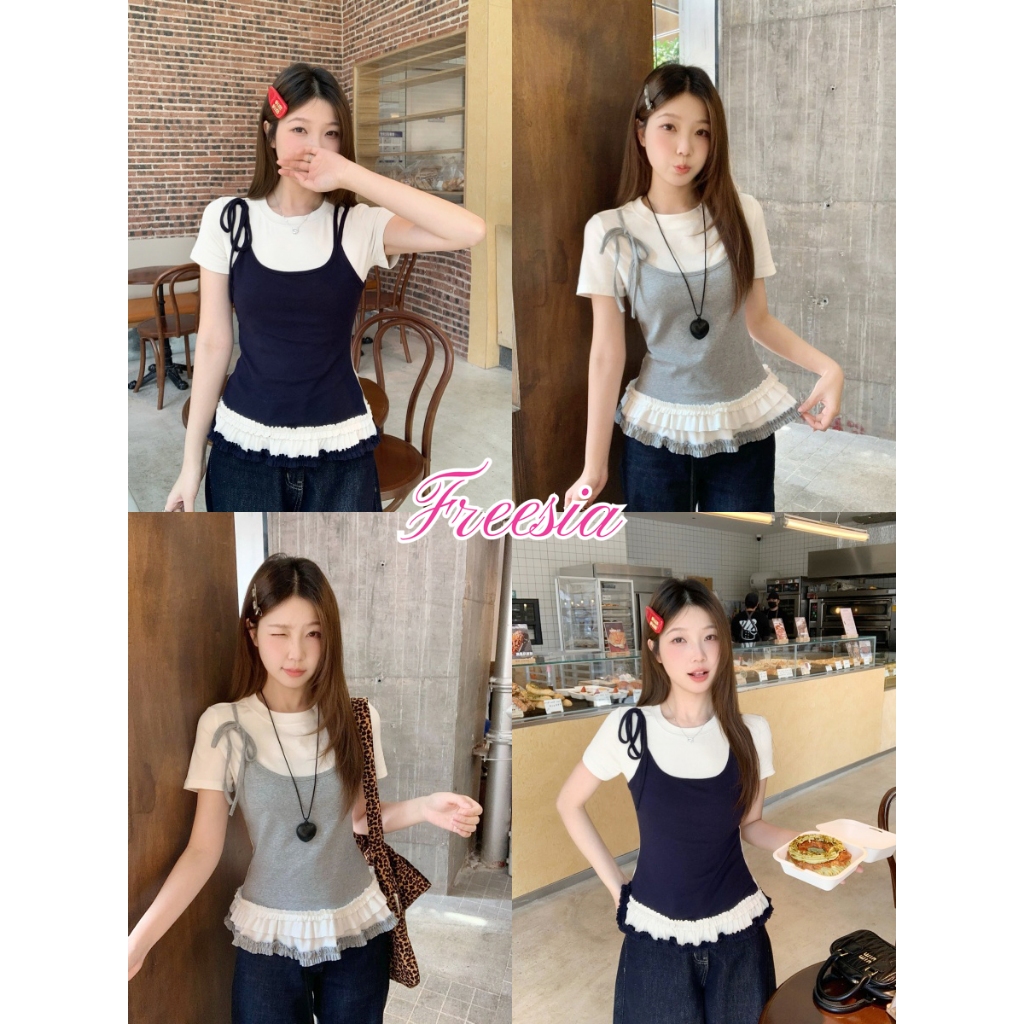 เสื้อแขนสั้น เสื้อยืดคอกลม สไตล์เกาหลี เเต่งชายลูกไม้ อ่อนหวาน#92356