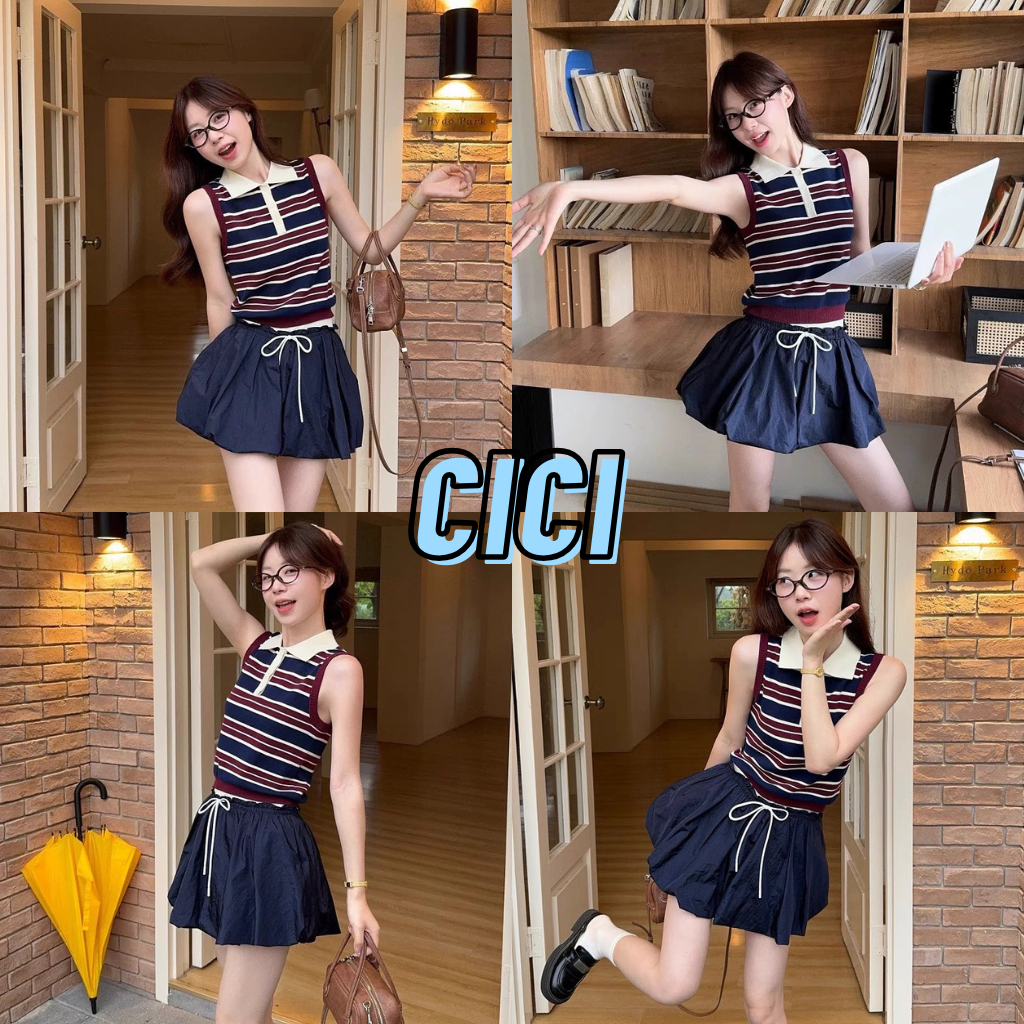 ส่งทันที Cici(NO. A2807) เสื้อแขนกุดไหมพรมคอปกลายทาง ผ้ายืด สไตล์ฤดูร้อนย้อนยุควินเทจ