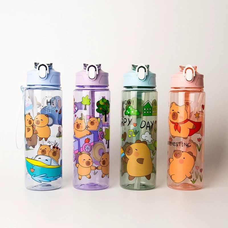 capybara 700mlBottle, พิมพ์ขวดน้ํา, พลาสติกแบบพกพาพร้อมสายคล้องสลักถ้วยดื่มสําหรับนักเรียน