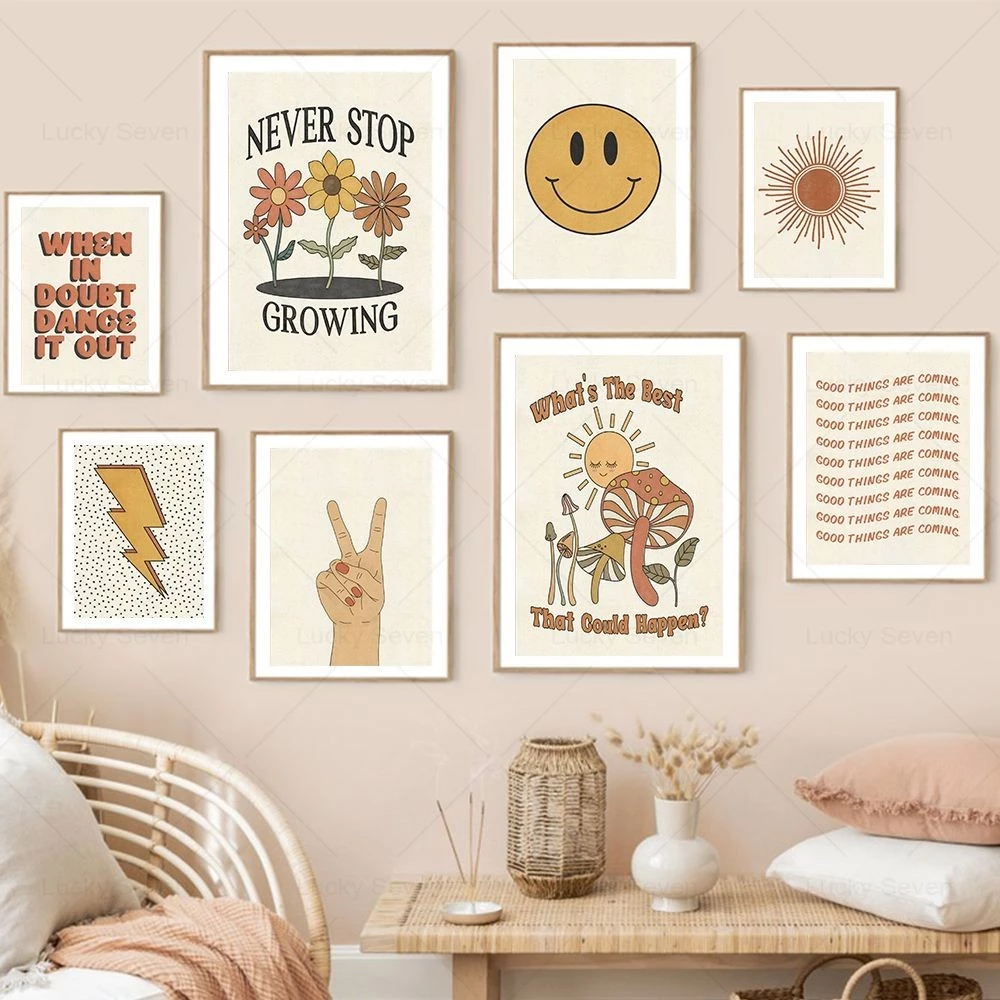 (พร้อมส่งจากไทย ภาพรวมกรอบ)ภาพ Boho Retro ดอกไม้ไม่เคยหยุดเติบโต ยิ้ม สําหรับตกแต่งบ้าน