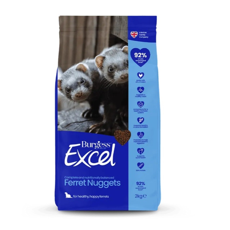 อาหารเฟอเรท สูตรโปรตีนและแคลเซียมสูง Burgess Excel Ferret Nuggets 2 กก. ถุงน้ำเงิน