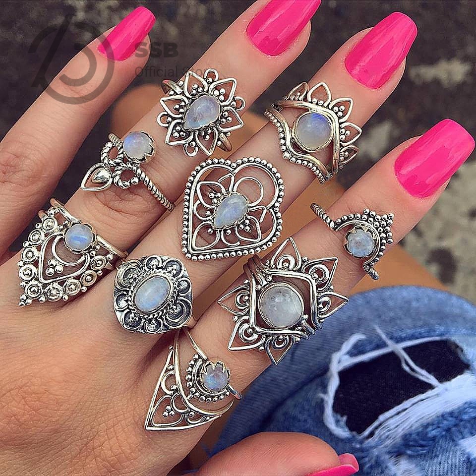 SSB เซ็ตแหวน 9 วง สไตล์วินเทจ ดีไซน์มงกุฎดาว สแต็กเก๋ สำหรับทุกโอกาส S266