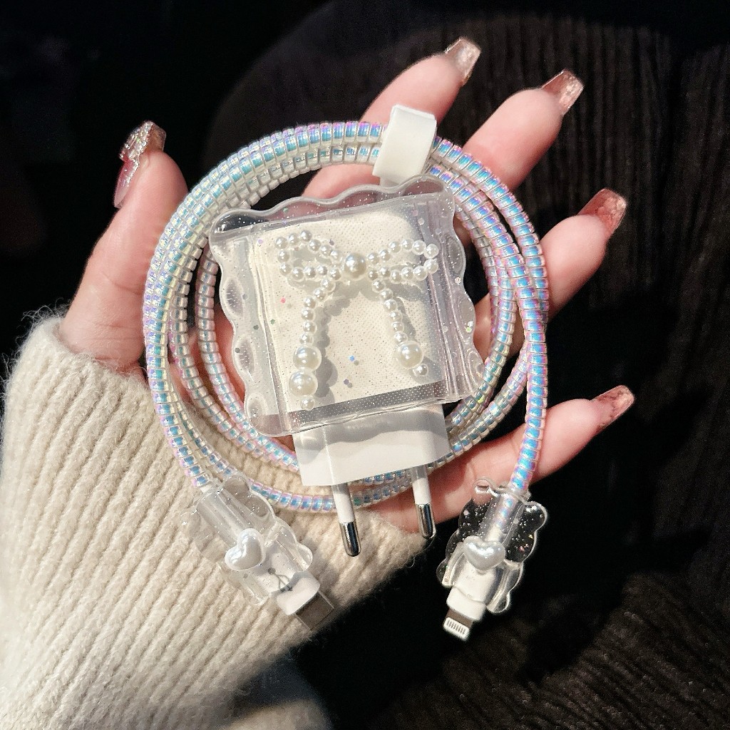 โบว์ใหญ่มุก ชุดพันสาย เคสหัวชาร์จ ลายการ์ตูน ตัวถนอมสาย ชุดถนอม 5ชิ้น USB C 18W 20W 35W ไอโฟน Apple 
