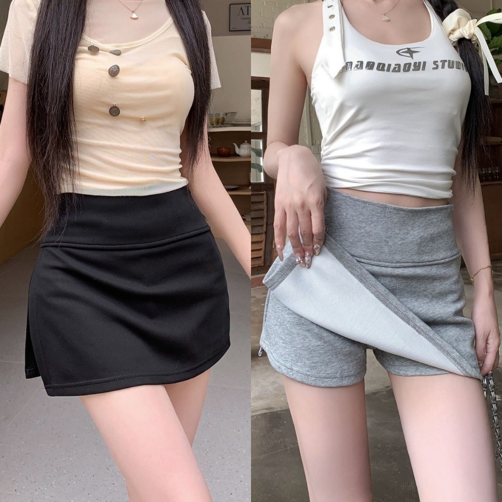 Blossom Closet🍃กระโปรงเอวสูงสไตล์เกาหลี กระโปรงสั้นผ่าข้างผู้หญิง มีซับใน ทรงเข้ารูป ผ้ายืด