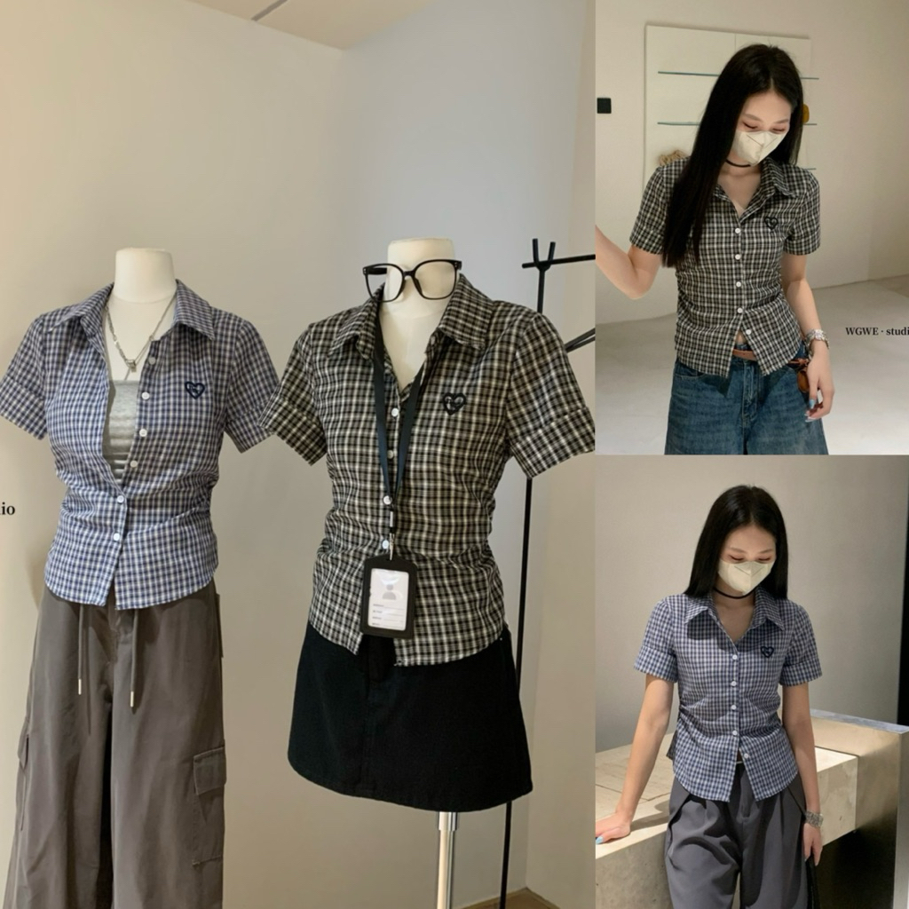 6047# เสื้อคอปก แขนสั้น ลายสกอต งานกระดุมหน้า ปักลายช่วงอก เนื้อผ้าดี งานสวย TAG:WG.WE 🇰🇷