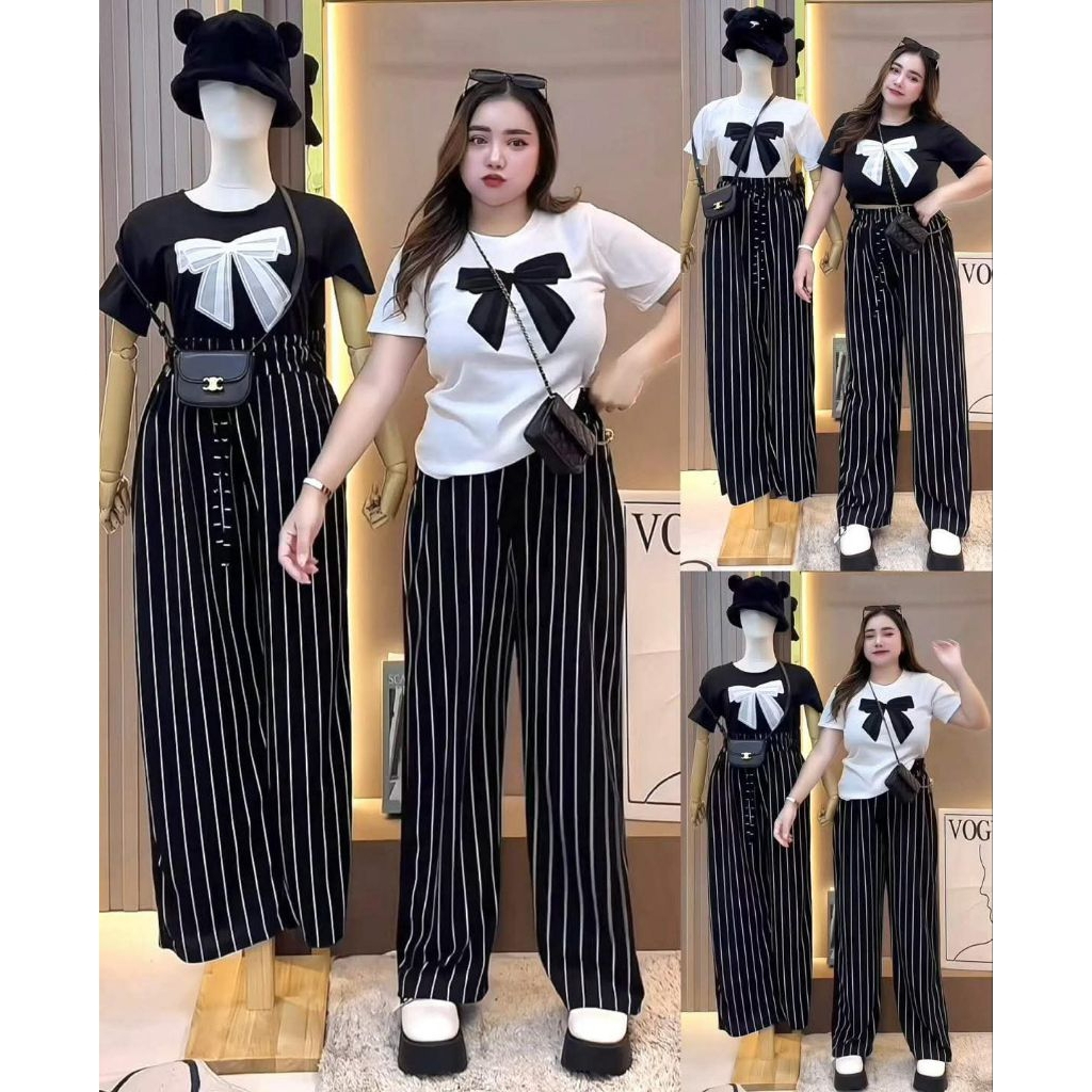 SETเสื้อแต่งโบว์กำมะหยี่+กางเกงขายาวริ้ว#สาวอวบ