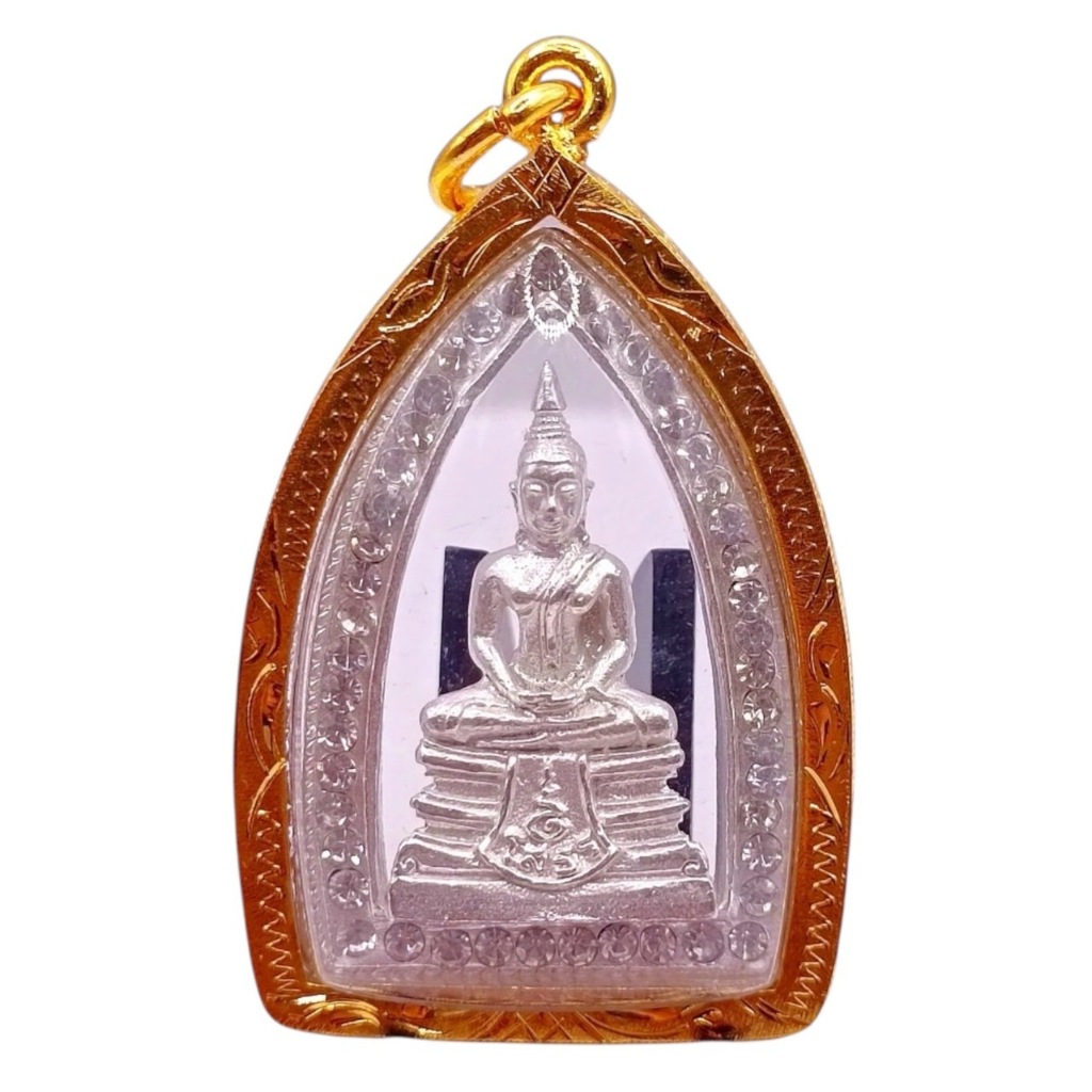 K263 หลวงพ่อโสธร วัดโสธร รุ่นกรมตำรวจ 80 ปี เนื้อโลหะชุบเงิน ขนาด 5x3 ซม. กรอบทองไมครอน ล้อมเพชร