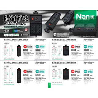 บล็อคยาง Nano ปลั๊กสนาม พร้อม เต้ารับ มีเมนสวิตช์ มีสายไฟ ยาวให้เลือก RBB10HS4