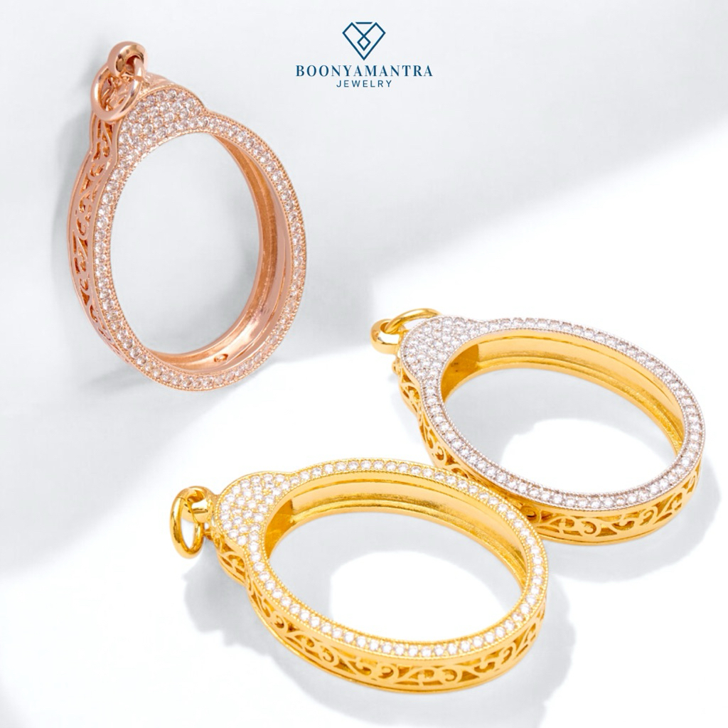 {ใหม่จำนวนจำกัด}ตลับเหรียญไข่ ฉลุข้าง ขนาด2.8x3.7cm. ไม่ลอกไม่ดำ เพชรเกรดนำเข้าฝังเพชรโดยช่างจิวเวลรี่ งานคุณภาพดี100%