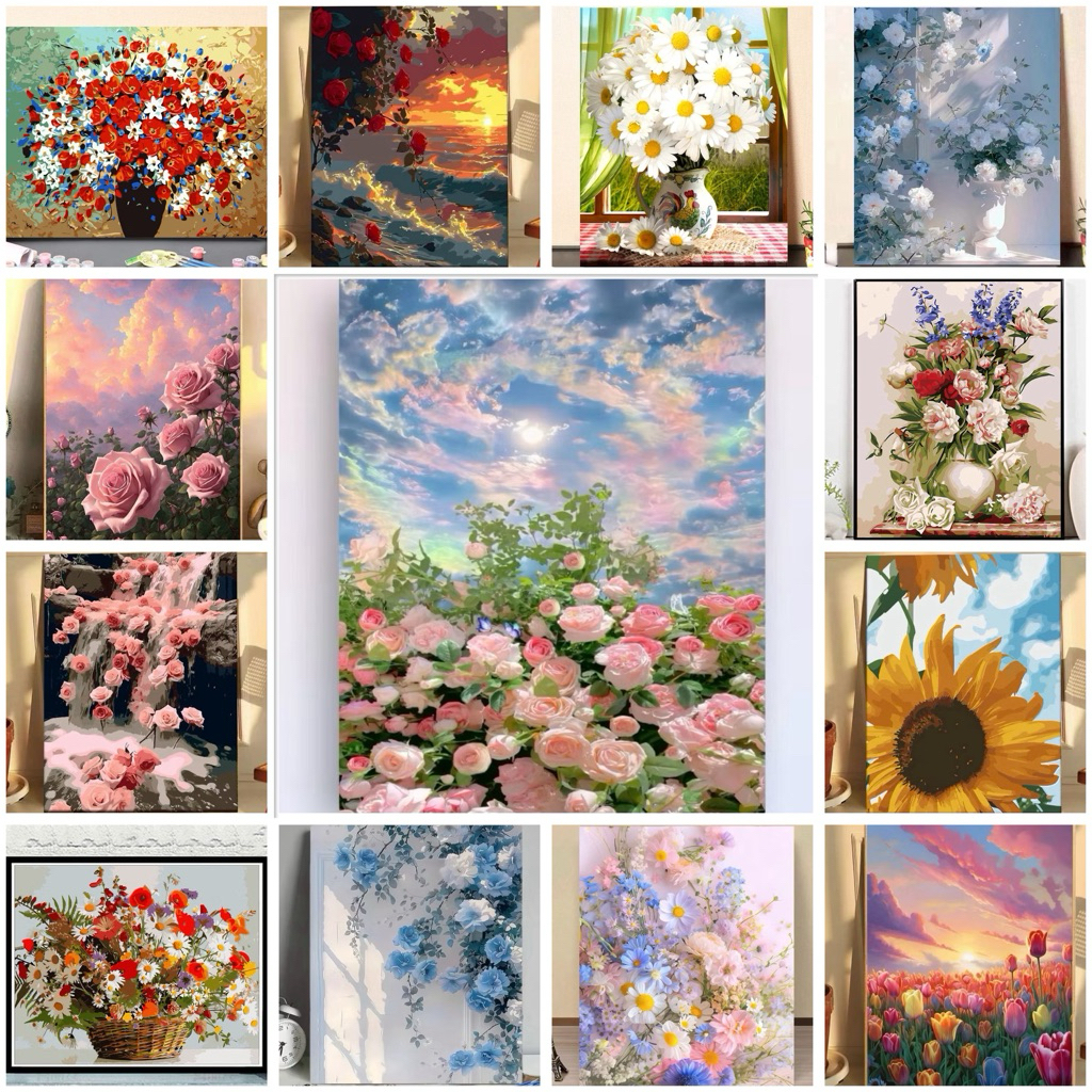 ชุดระบายสีตามตัวเลข ดอกไม้ 45 ลาย | 40×50 ซม. ขึงเฟรมไม้ พร้อมอุปกรณ์ DIY ของขวัญแต่งบ้าน