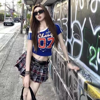 เสื้อยืดแขนสั้นลายพิมพ์สไตล์อเมริกัน ไหล่เฉียง สุดชิค