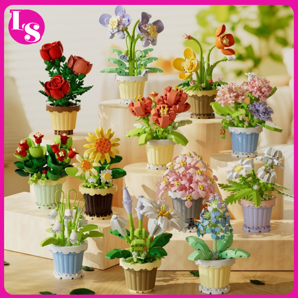 🌻🌸ตัวต่อดอกไม้ถาวร  ตัวต่อสวนแคคตัสจิ๋ว ดอกทานตะวัน ดอกกุหลาบ  ดอกคาร์เนชั่น  DIY 10cm ของเล่นเด็ก ของขวัญ <LS>