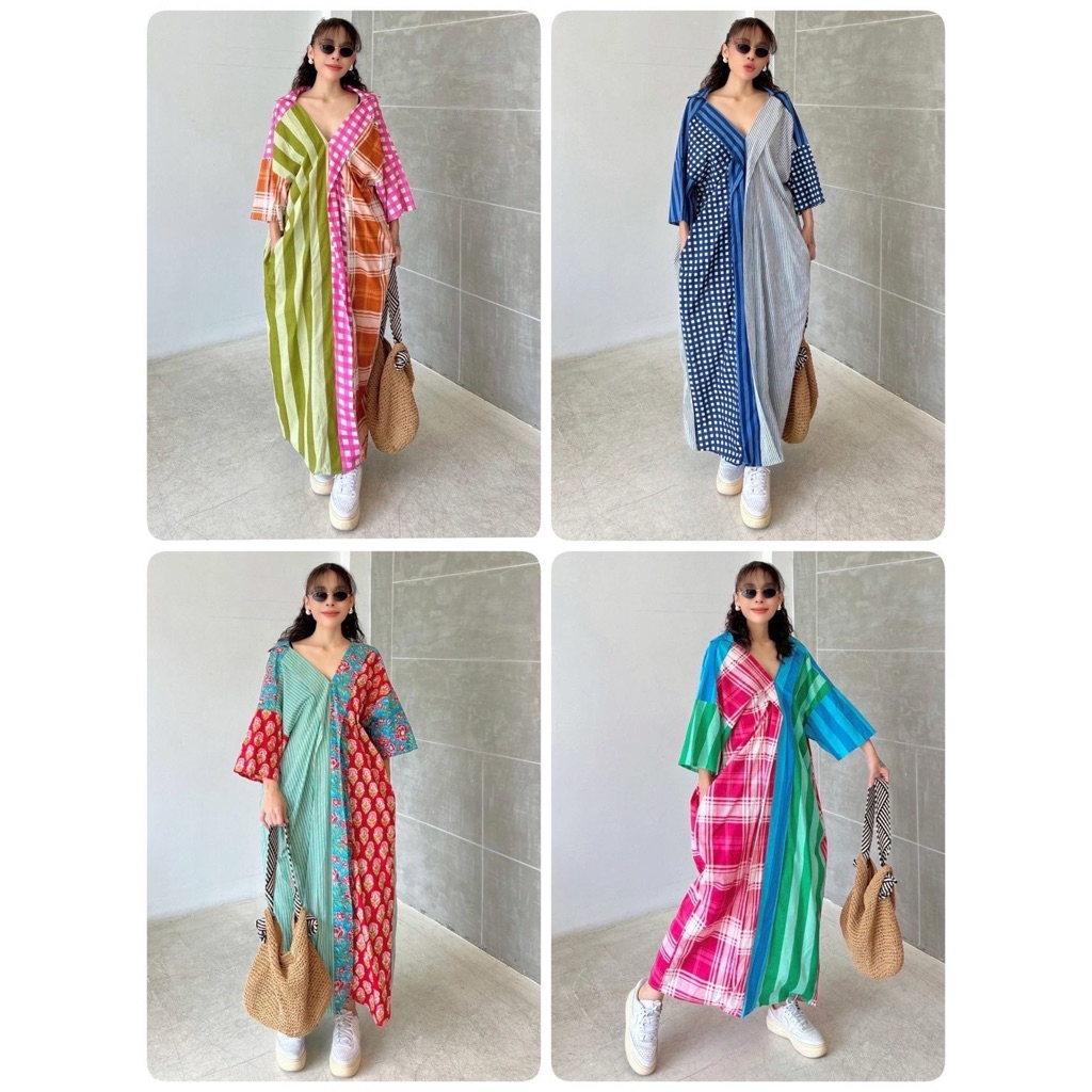 lSSARA (IC25-D363-1) เดรสผ้าคอตตอนอินเดีย ดีไซน์คอวี~สาบหน้า มีปกหลัง ทรงปล่อย /อก50นิ้ว/ผู้ใหญ่/