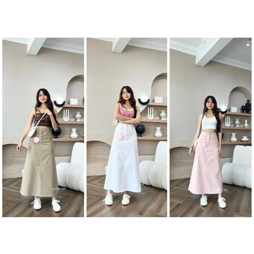 Cargo Skirt กระโปรงยาวเอวสูงกระเป๋าคาร์โก้ ความยาว 35 นิ้วเนื้อผ้ายีนส์ยืดคอตตอน
