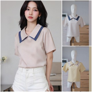 D16 เสื้อแขนสั้น คอปกสองชั้น เสื้อยืด แฟชั่น แต่งทูโทนช่วงปก…