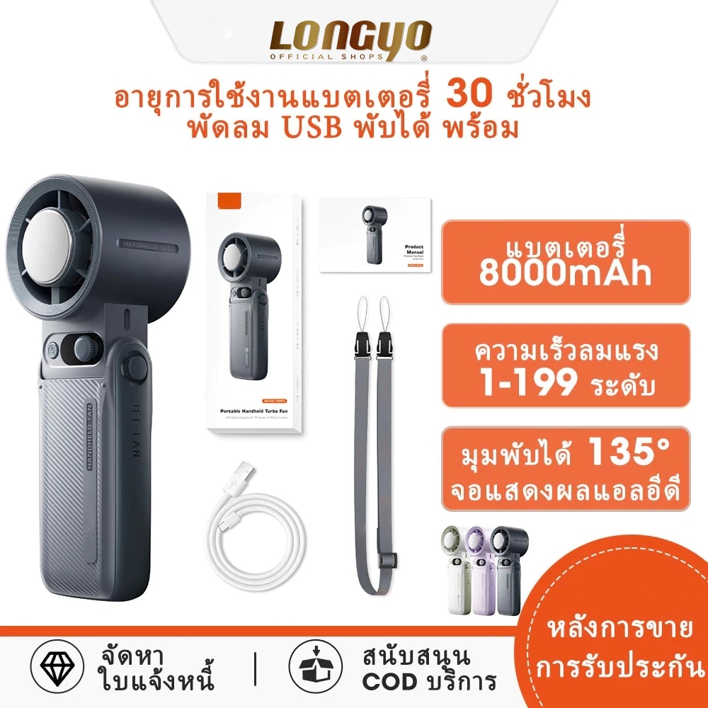 Longyo พัดลมขนาดเล็ก แบบพกพา 8000mAh พัดลม USB พับได้ พร้อม 199 เกียร์ เวลาใช้งาน 30ชม ลมแรง เงียบ พ