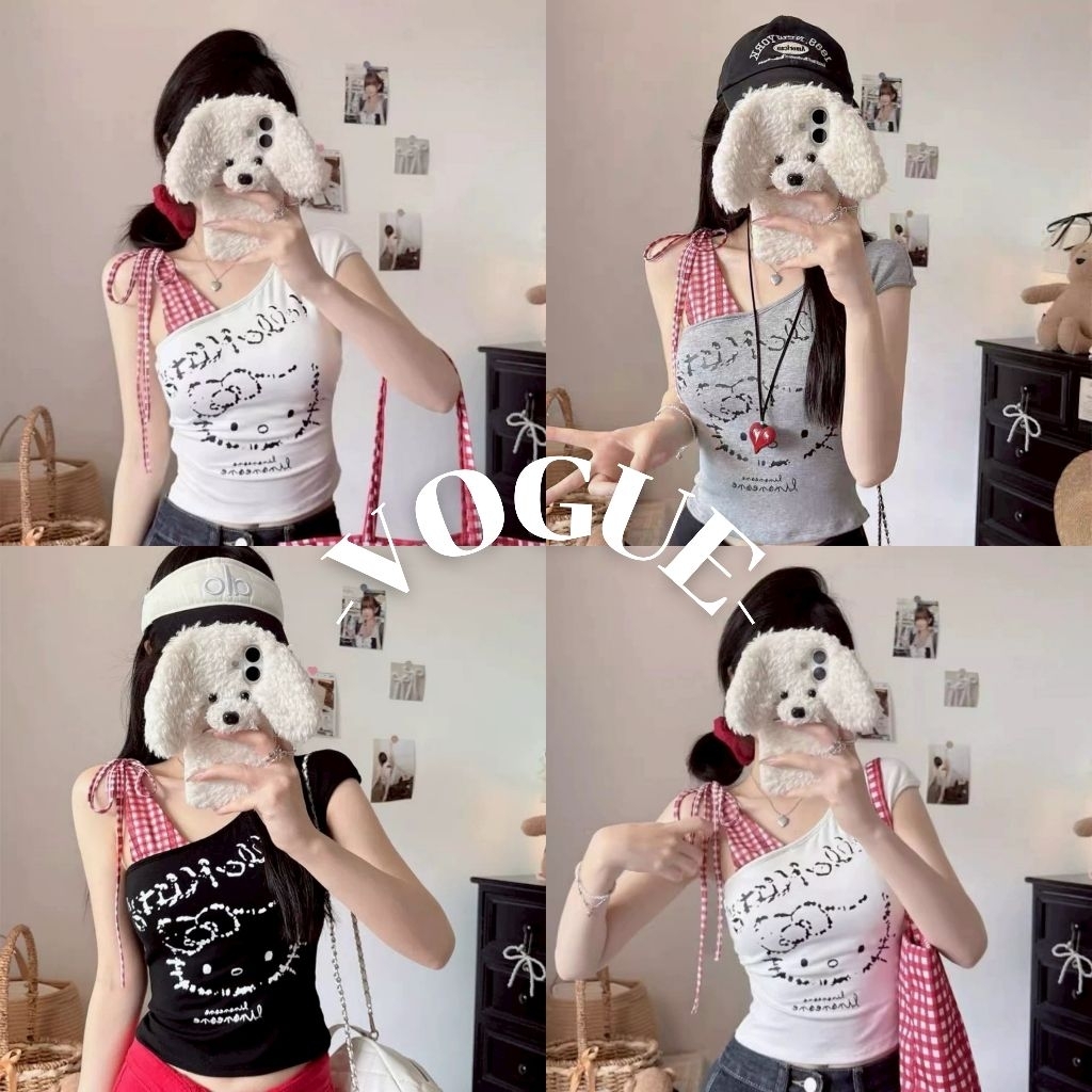 Vogue🌟พร้อมส่ง🌟 เสื้อกล้าม ลายแมวสาว เสริมฟองน้ำ สีสดใส ใส่สบายมาก (FY5118)