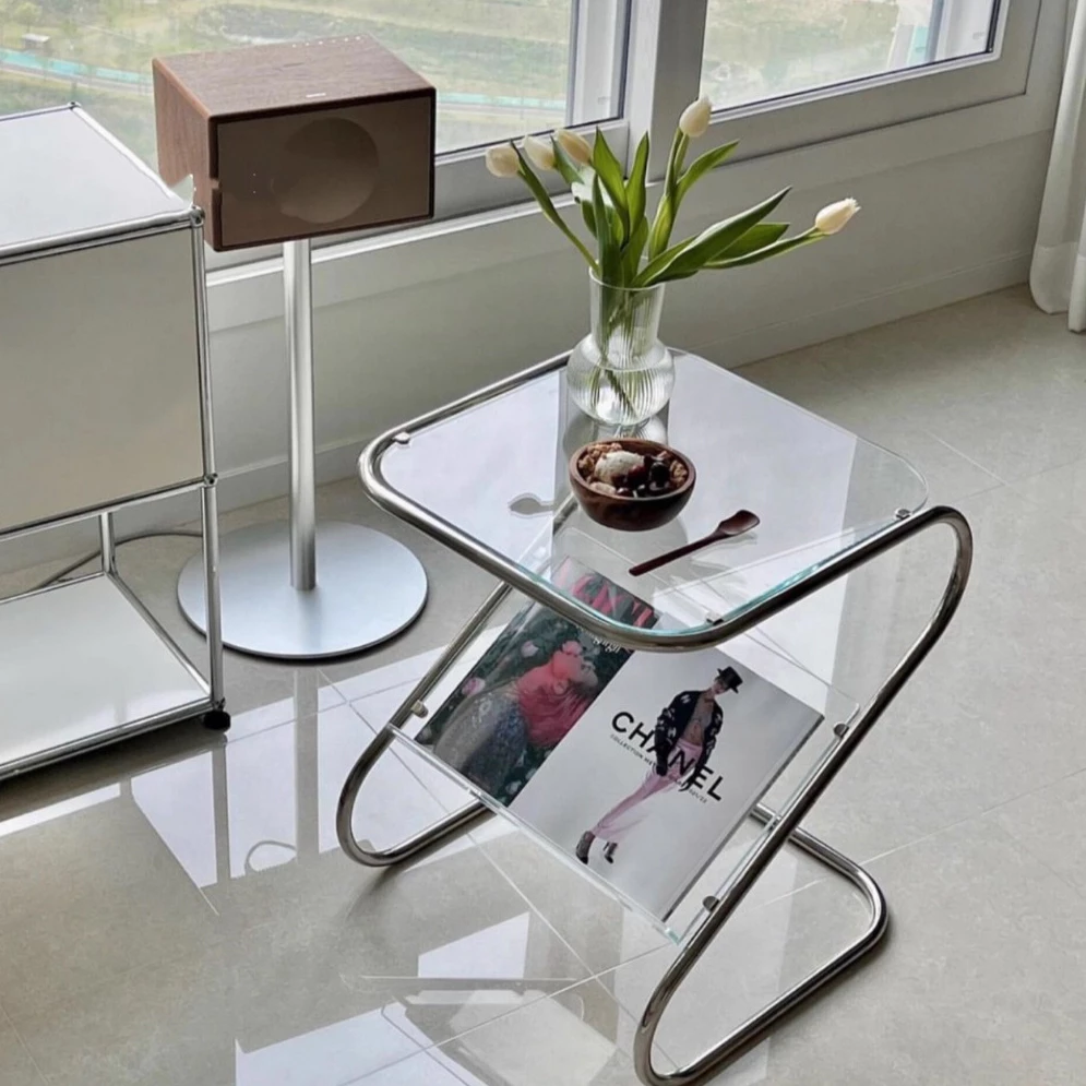 โต๊ะกระจกทรง Z Z-SHAPE GLASS TABLE โต๊ะคอมชั้นวางหนังสือสแตนเลส thumbnail 6