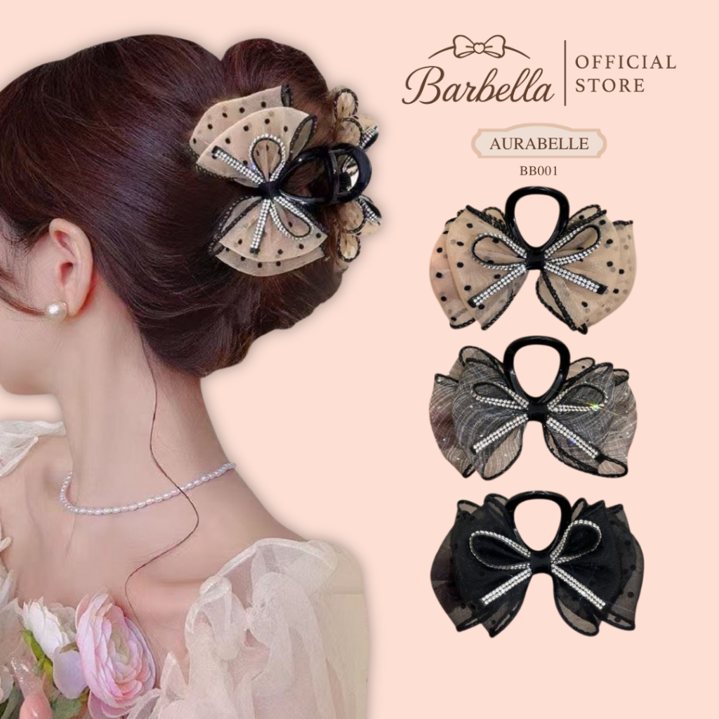 Barbella กิ๊บติดผมโบว์ 3D ผ้าตาข่ายแต่งเพชร สไตล์เกาหลี รุ่น Aurabelle (BB001)