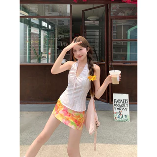 STR พร้อมส่ง💗✨เสื้อสายเดี่ยวคล้องคอผ้าลายลินินคอวีผูกโบว์หลังเสื้อคอรอปทรงเข้ารูปใส่แล้วหุ่นสวยลําลองสําหรับผู้หญิง