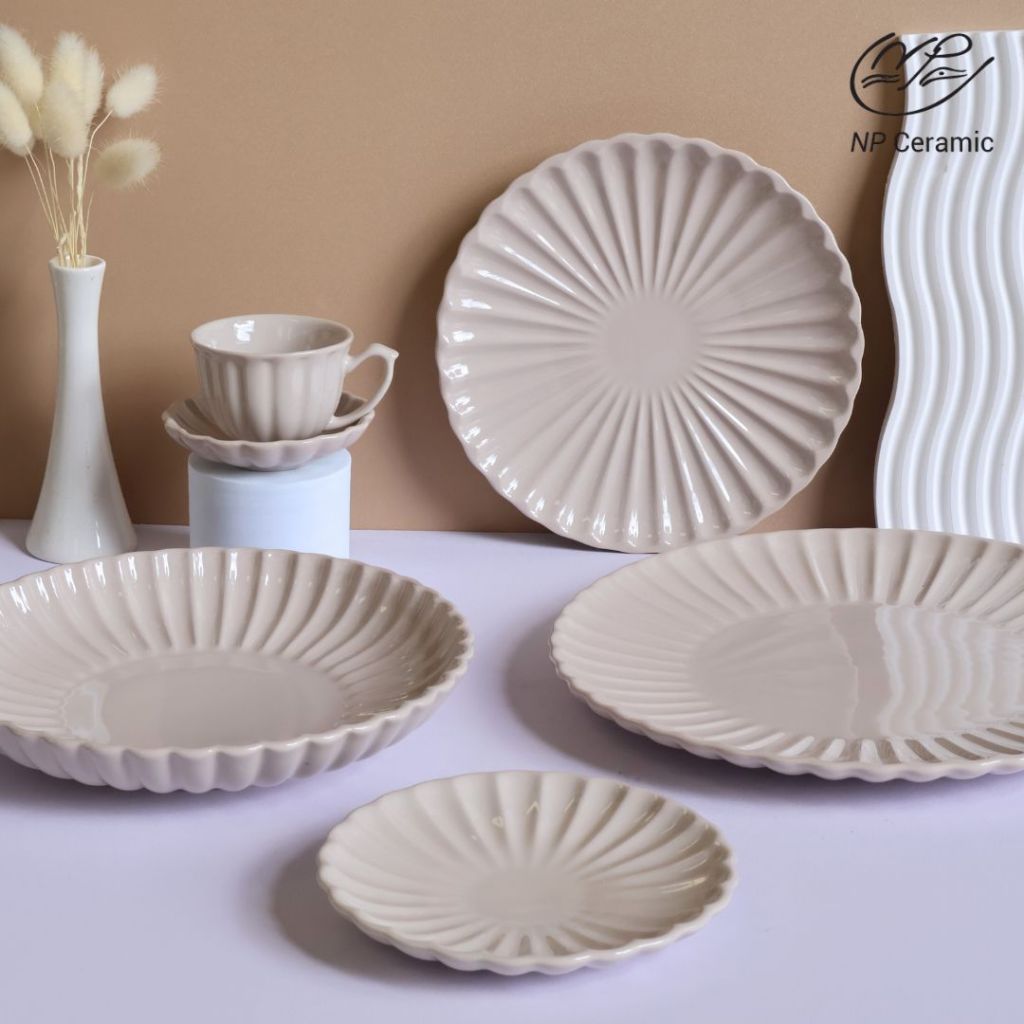 [ลดสูงสุด 80%] NP Ceramic จานเซรามิค จานเปลือกหอยสีเบจ สวยหรู