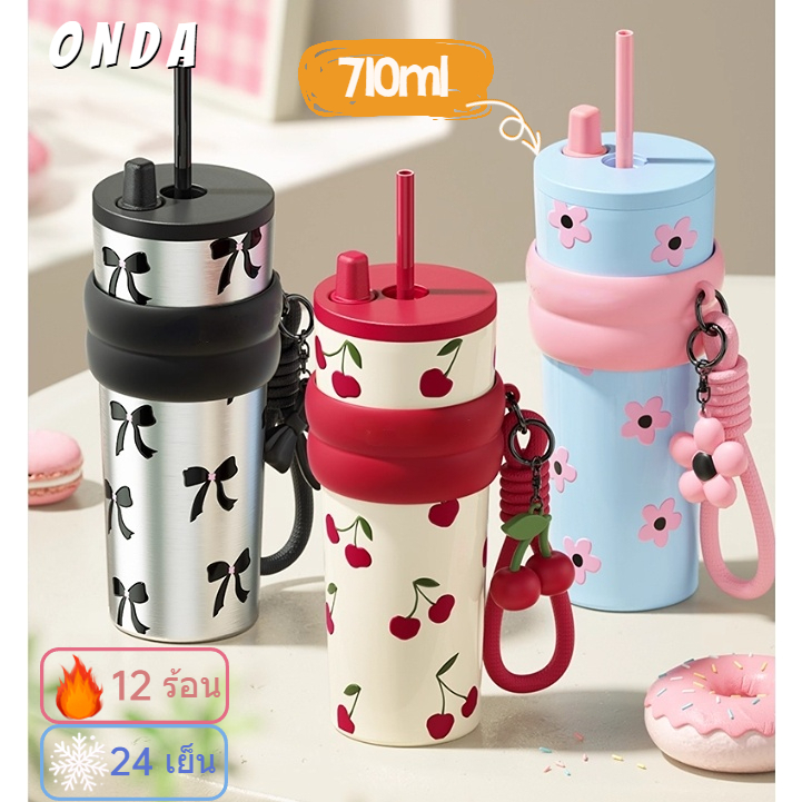 【ONDA】ดอกเคมีเลีย ฟางถ้วยเก็บความร้อน 316สแตนเลสเ 710mlแก้วมีฝาปิด แก้วน้ำเก็บความเย็น ขวดน้ํา เก็บค