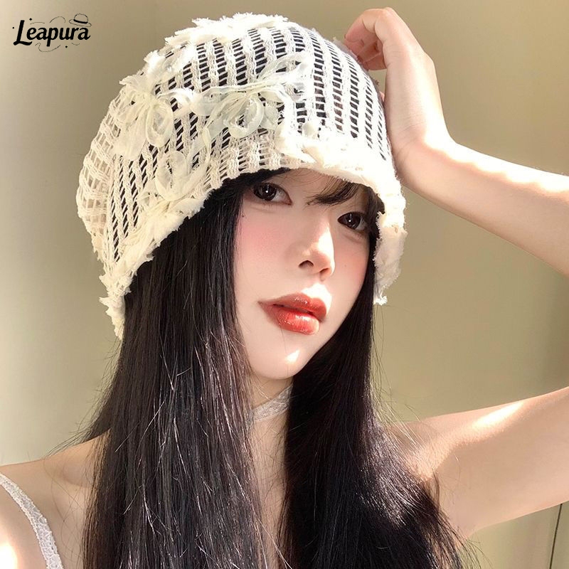 หมวกผ้าถักนิตติ้ง ลายดอกไม้ ระบายอากาศ Y2Kสไตล์เกาหลีแฟชั่น หมวก สำหรับผู้หญิง❤️Leapura