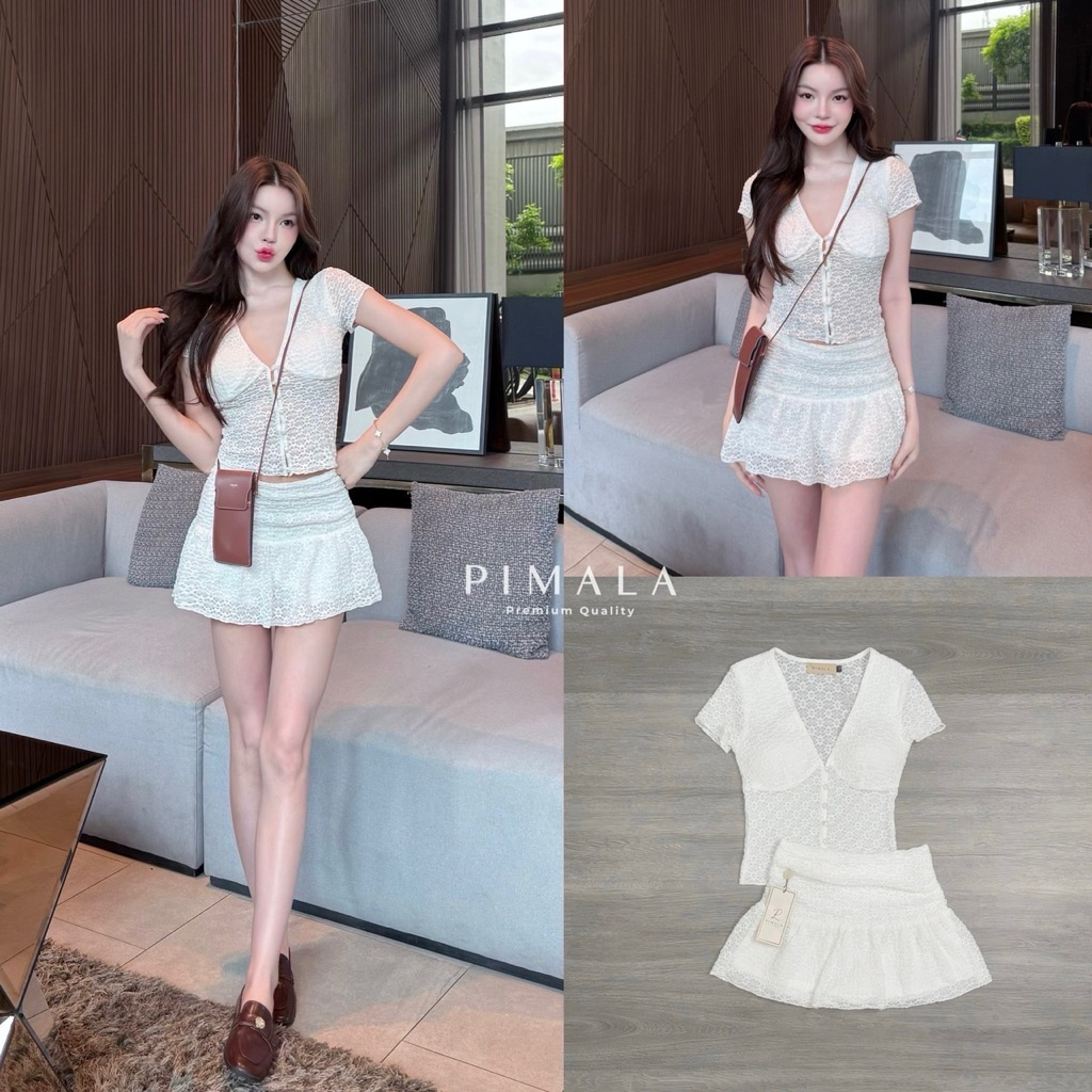 D10 งานป้าย Pimala Set ชุดเซ็ทเสื้อ+กระโปรงสั้นซับในกางเกง สำหรับผู้หญิง เสื้อผ้าแฟชั่นผู้หญิง ไซส์ Xs-L