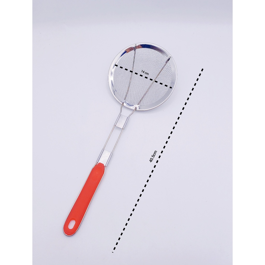 กระชอนด้ามแดงสแตนเลส ตาถี่ แข็งแรงทนทาน ทำจากสแตนเลสอย่างดีใช้สำหรับกรองน้ำมันตักกากของทอด - รูปที่ 5