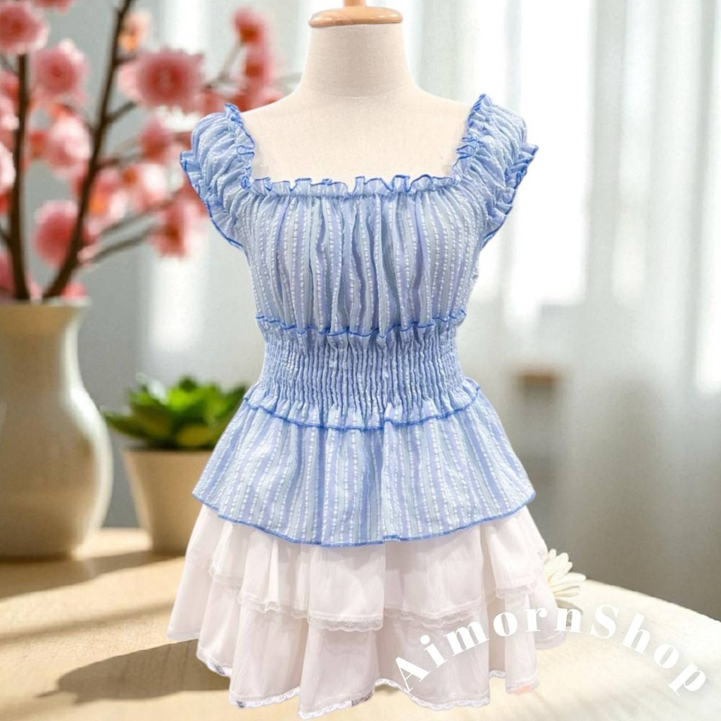 🔥aimorn_shop🔥เสื้อสม็อคช่วงเอว แขนตุ๊กตา ใส่ปาดไหล่ได้ ลายริ้วชิคๆ สีหวานละมุนมาก - รูปที่ 6