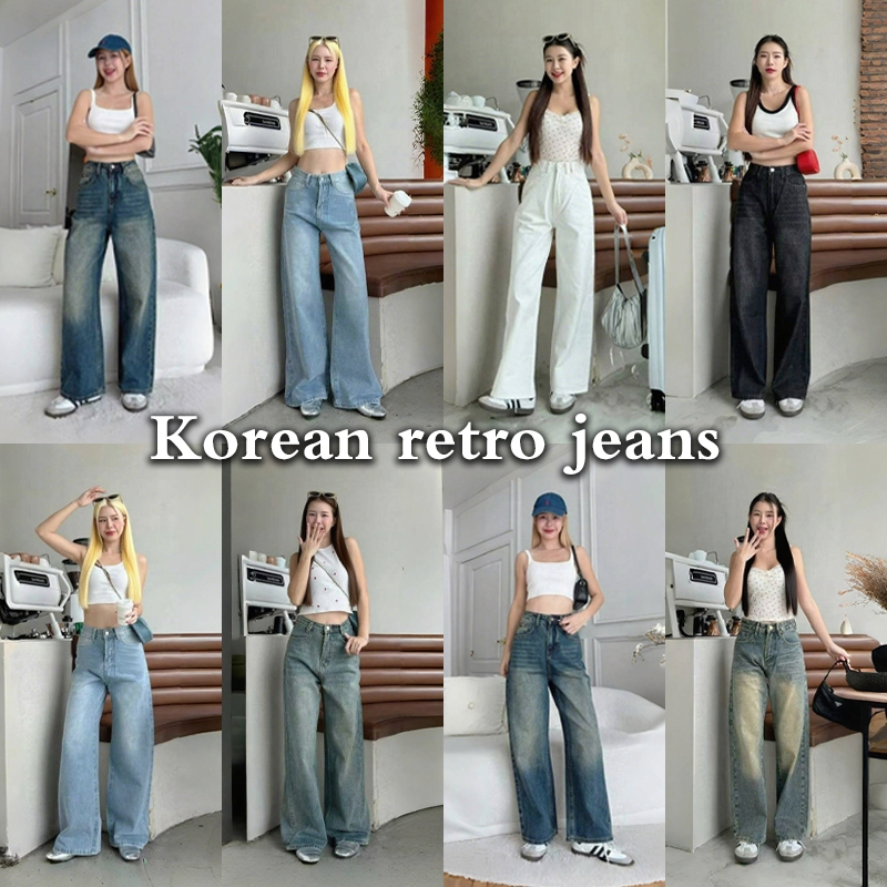 ⭐919JEANS⭐สุภาพสตรีเอวสูงทำเก่าล้างวินเทจยาวสง่างามแฟชั่นตรงสไตล์เกาหลีกางเกงยีนส์