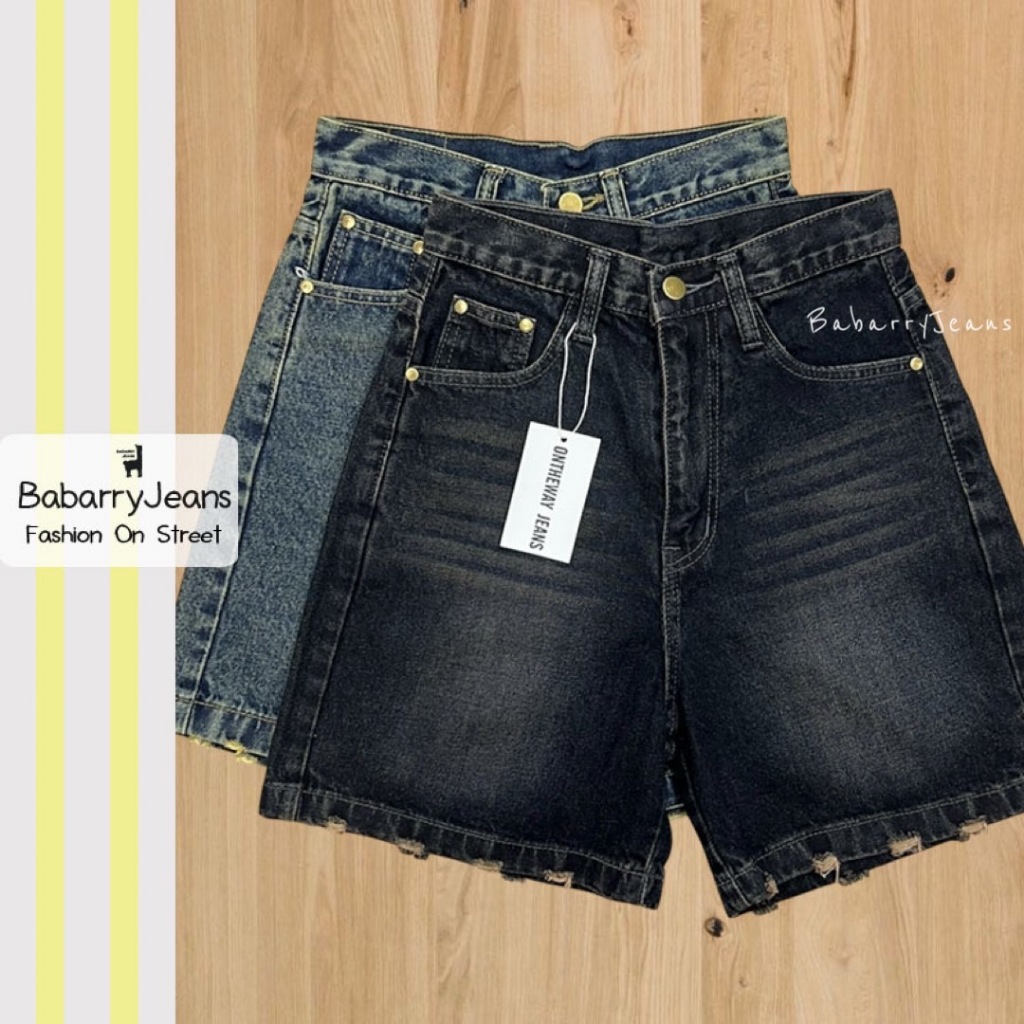 Babarry Style กางเกงขาสั้น ยีนส์สามส่วน เอวสูง ผ้าไม่ยืด ยาว 17 นิ้ว