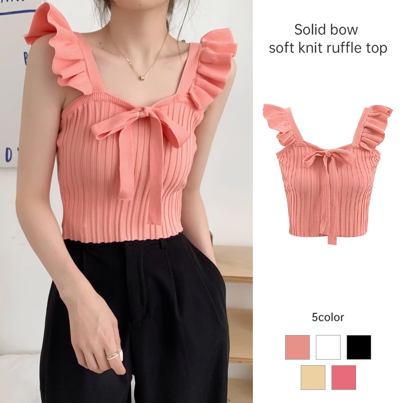 เสื้อกล้ามระบายขอบ สีพื้น ผูกโบว์ สไตล์ฝรั่งเศสแบบอ่อนโยน เสื้อแขนกุด-MTY