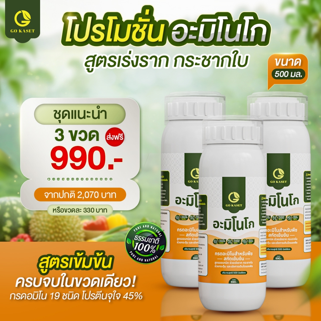 [3ขวด] อะมิโนโก(ขวดเล็ก) 500 ML - AMINO GO กรดอะมิโนสำคัญต่อพืช19ชนิด สูตรออร์แกนิค ธรรมชาติ100%