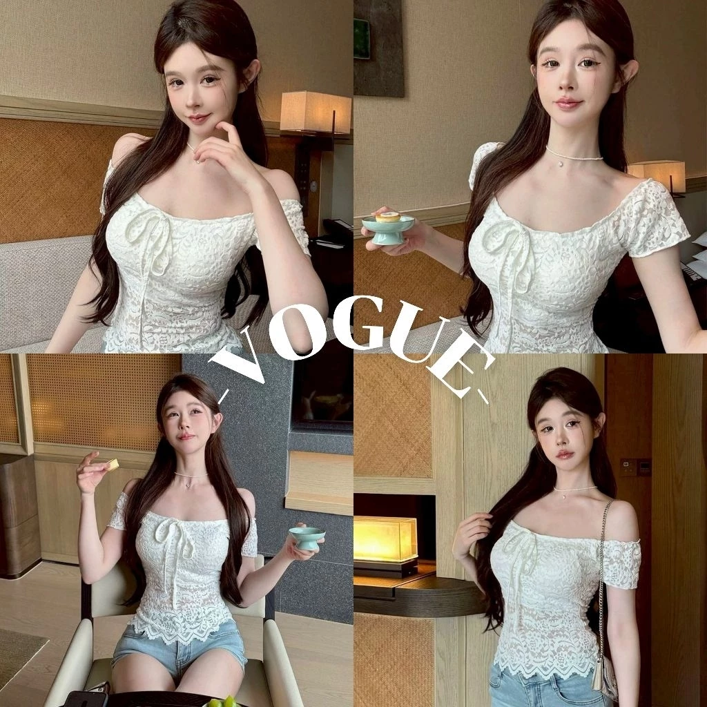 Vogue🌟พร้อมส่ง🌟 เสื้อเปิดไหล่ แขนสั้น เสริมฟองน้ำ มีสองสี ใส่ง่าย (FY1922)