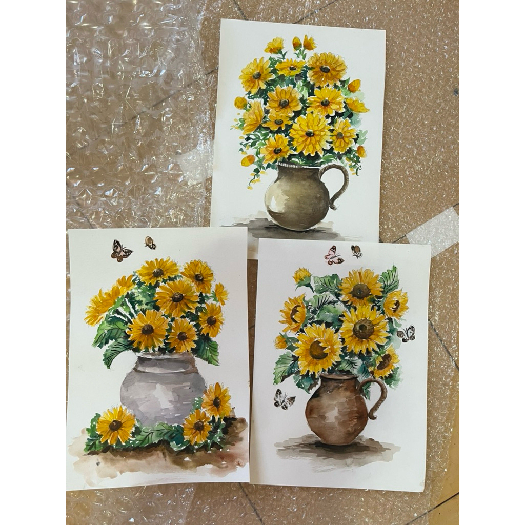 ภาพวาดดอกไม้ในแจกัน ภาพดอกไม้สีน้ำ ขนาดA4 กระดาษร้อยปอนด์ นำไปมส่กรอบตกแต่งให้สวยงาม