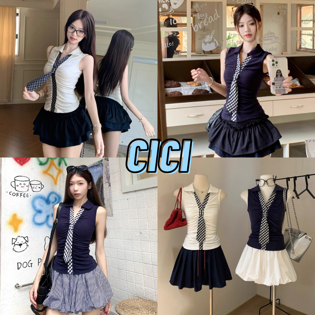 ส่งทันที Cici(NO. Y6327)เสื้อแขนกุด คอปก ดีเทลแต่งเนคไทลายสก็อต จั้มอก เข้าทรงผ้ายืด สไตล์นักเรียนเกาหลี