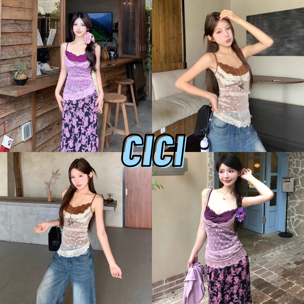 ส่งทันที Cici(NO. J2172) เสื้อสายเดี่ยวดีเทลเย็บ 2 ชั้น  แต่งลูกไม้ แต่งเฉียงข้าง สายปรับได้ สไตล์สาวฮอต