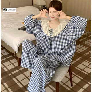 (ราคาถูกที่สุด) ชุดนอนผู้หญิง， ผ้าฝ้ายคุณภาพดี， ลูกไม้ที่สวยงาม， ขายาว+เสื้อ，M-2XL