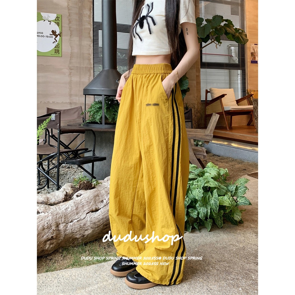 [Summer quick-drying fabric sports wide-leg pants]กางเกงขากว้างลำลองลายทางสไตล์อเมริกันสำหรับผู้หญิงในช่วงฤดูร้อนปี 2025