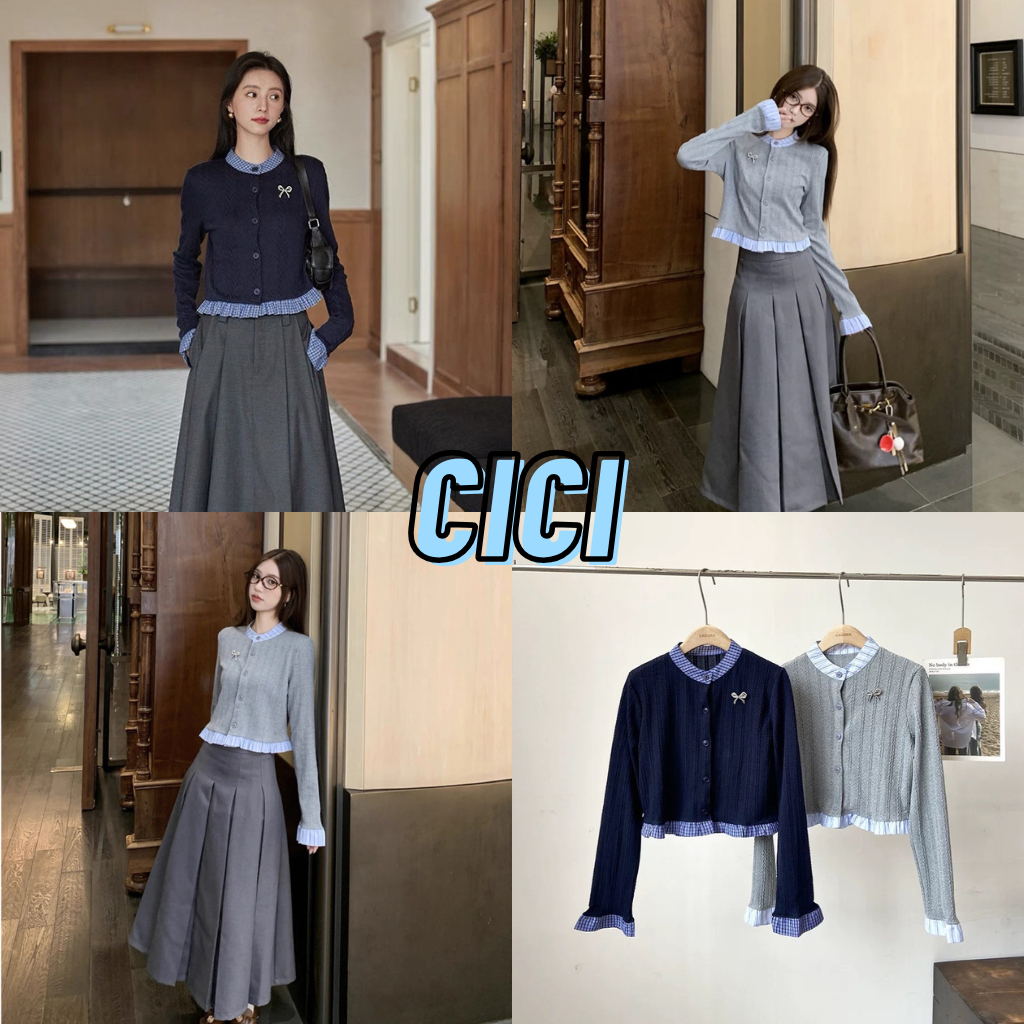 ส่งทันที Cici(NO. Y6335) เสื้อไหมพรมคอกลม ดีเทลแต่งระบายผ้าลินิน แถมเข็มกลัด สไตล์สาวเกาหลีมหาวิทยาลัย