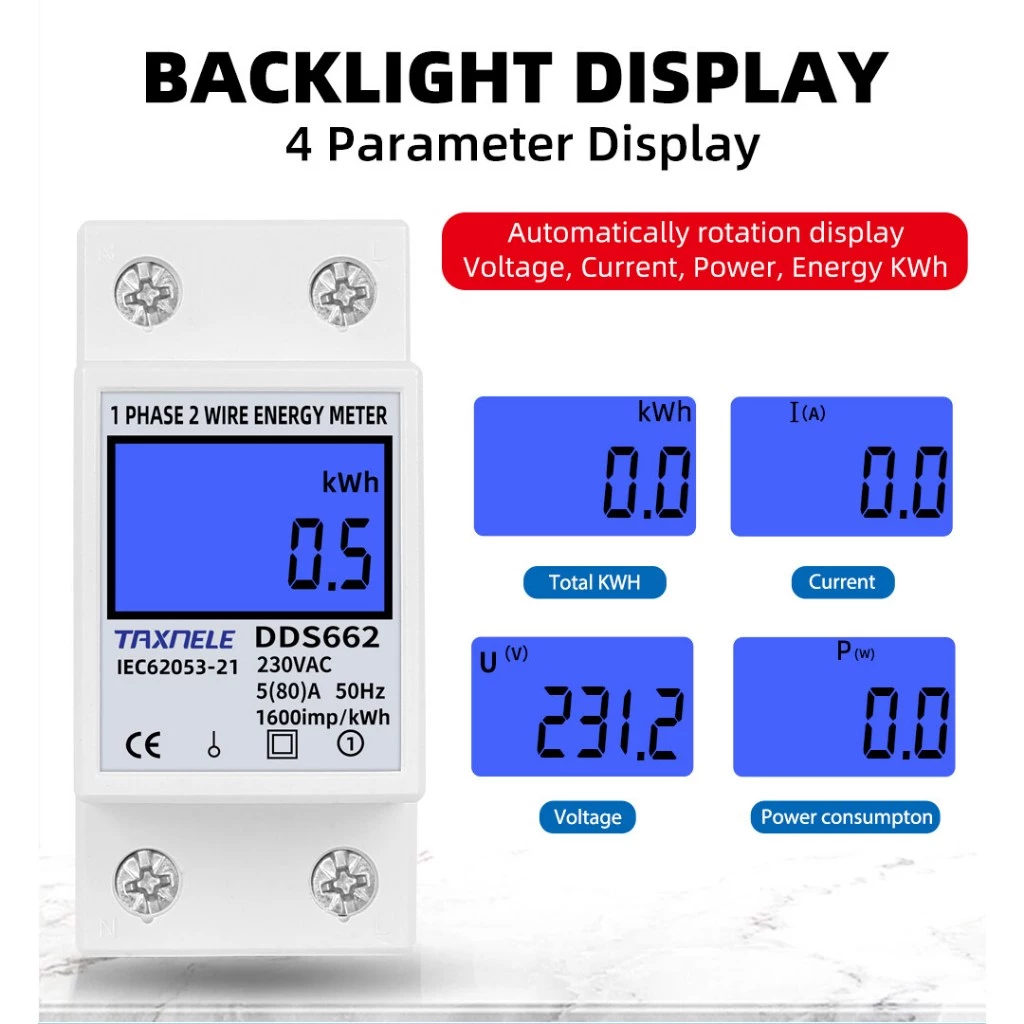 Backlight รางรางไฟดิจิทัลสองสาย LCD แบบเฟสเดียวใช้พลังงานไฟฟ้าวัตต์มิเตอร์ 230V Dds662 Wattmeter kWh AC Din Rail