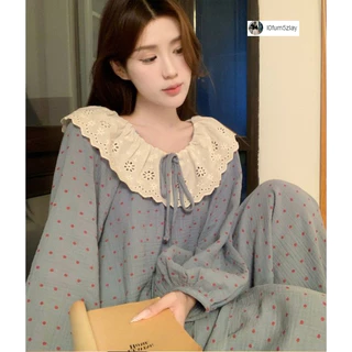 (ราคาถูกที่สุด) ชุดนอนผู้หญิง， ผ้าฝ้ายคุณภาพดี， ลูกไม้ที่สวยงาม， ขายาว+เสื้อ，M-2XL