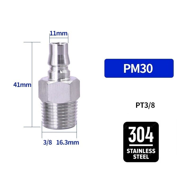 คอปเปอร์ สแตนเลส 304  PM30 เกลียวนอก 3/8" ข้อต่อคอปเปอร์ ข้อต่อสวมเร็ว ข้อต่อลม ข้อต่อสายPU
