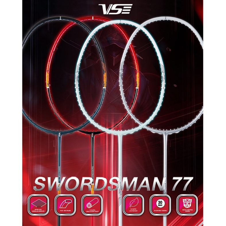 (แถมฟรีซองเต็ม+เอ็น) ไม้แบดมินตัน Venson รุ่น Swordman77 (5U) Badminton Racket  - Light weight