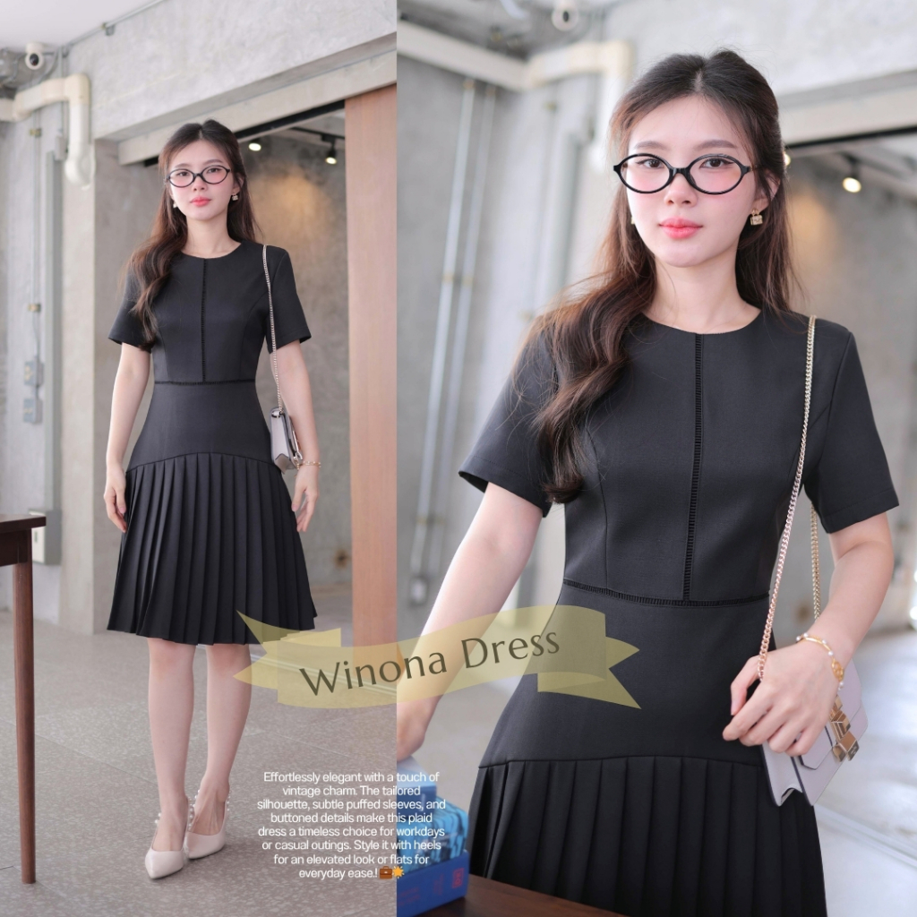 "Romi"Oil" Winona Dress (Black) K258 ชุดเดรสสีดำ (กระโปรงพลีท)