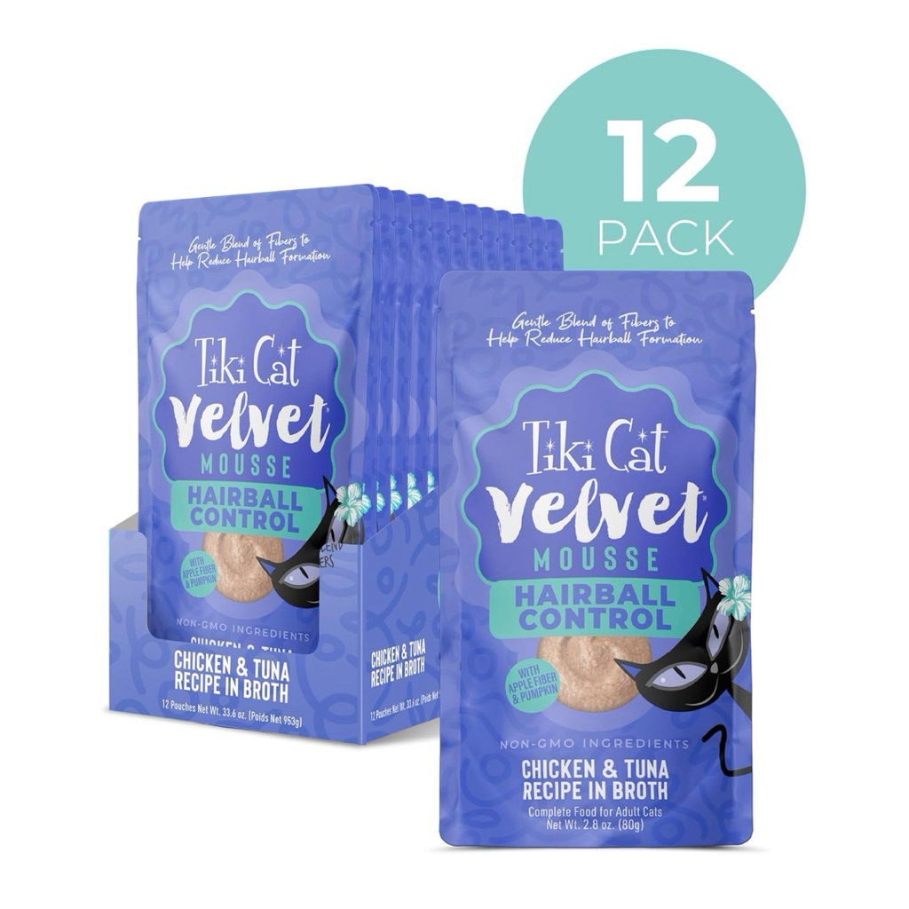 ❌Sale 1แพ็ค 12ซอง พร้อมส่ง 🆕(Hairball) TIKI CAT® VELVET™ MOUSSE Wet Cat Food, Hairball Control, Chic
