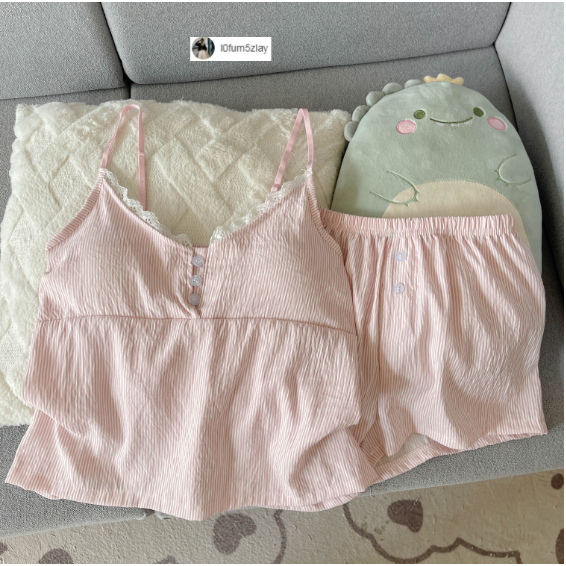 🔥🔥(ส่งทันทีส่งจากประเทศไทย）พร้อมฟองน้ํา， ชุดนอนเซ็กซี่， สไตล์มินิมอล， ผ้าฝ้ายลายเมฆคุณภาพดี， ขาสั้น+เสื้อ，M-2XL